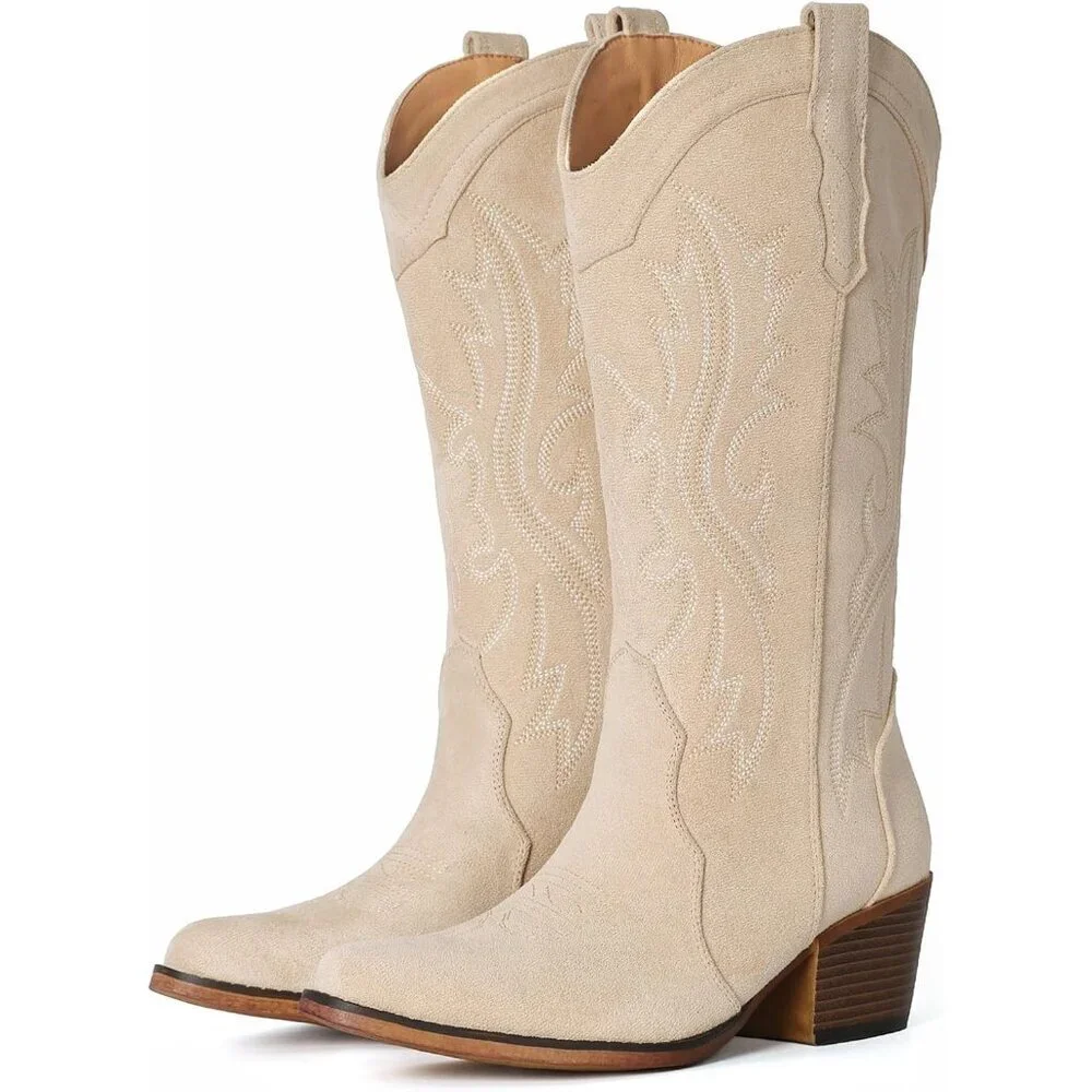 Women's Camel Suede Western Cowgirl Chunky Heel Mid Calf Snip Toe Insteps Boots